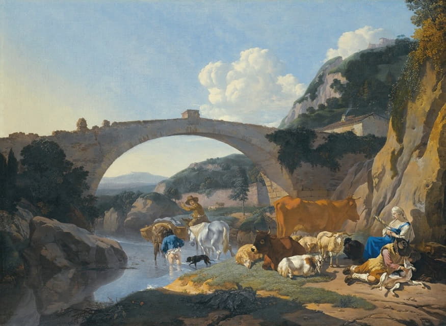 意大利人的风景，牧民和动物在桥下的河边休息