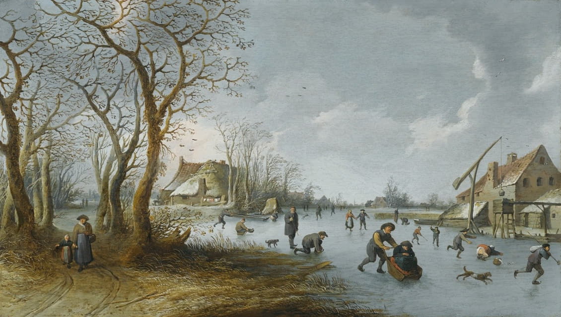 冰冻的河流景观，一名男子推着他的妻子坐着雪橇沿着冰走