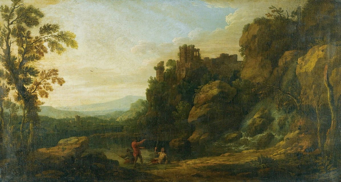 Richard Carver - A Rocky Landscape With Three Fisherman By A Lake, A Ruined Castle On An Outcrop Beyond