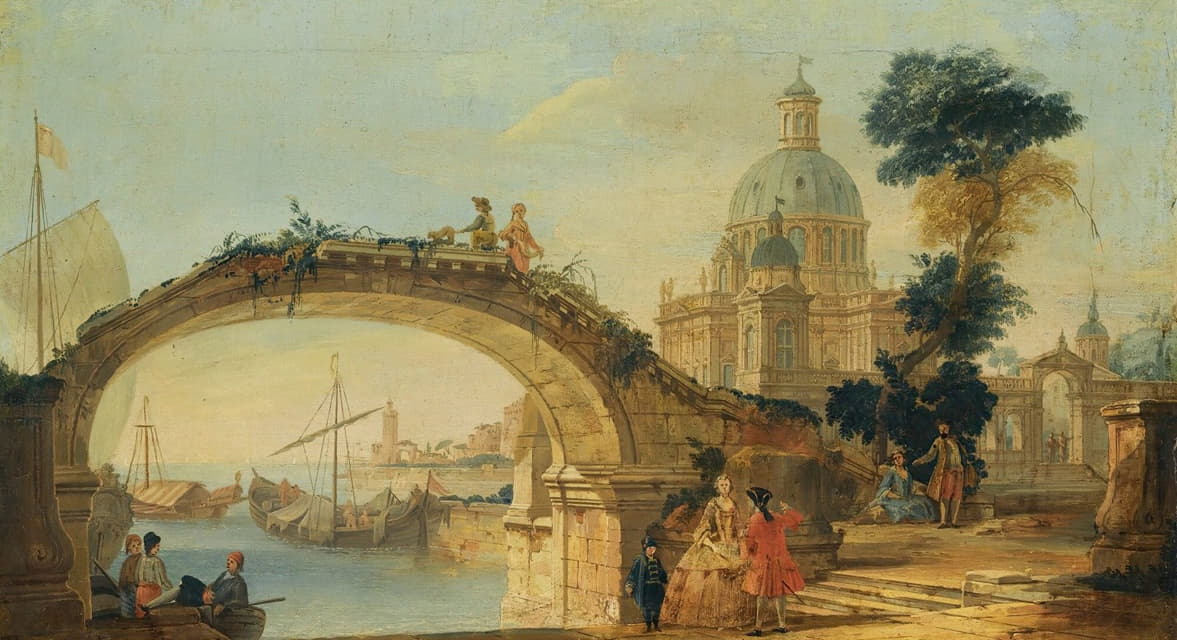 The Pseudo Battaglioli - A Capriccio View With A Footbridge Over A River, A Large Cathedral In The Background