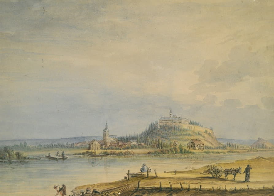 Anonymous - River Scene with Town, Castle on Hill and Laboring Peasants