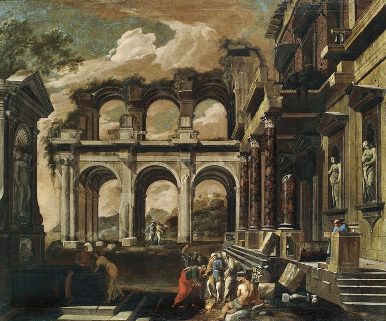 Viviano Codazzi - A Capriccio Of The Internal Courtyard Of A Ruined Palace With The Miracle Of Saint Paul