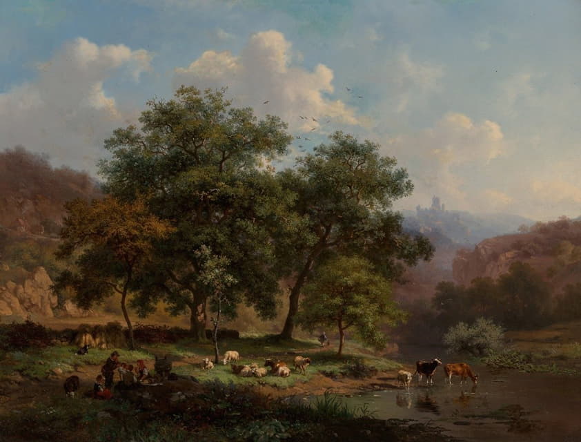 一幅夏日风景画，画中人物与羊群在河边休息，牛群在河边饮水