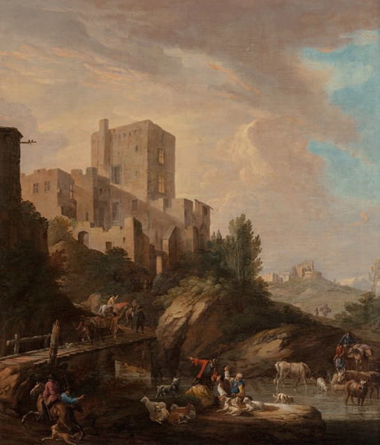 牧民们在河边给他们的山羊和牛浇水，旅行者们在一座有围墙的山城前过桥