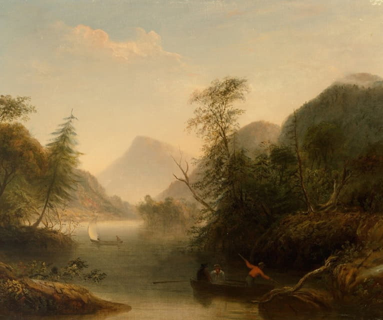 William Macleod - River Landscape with Three Men in a Punt