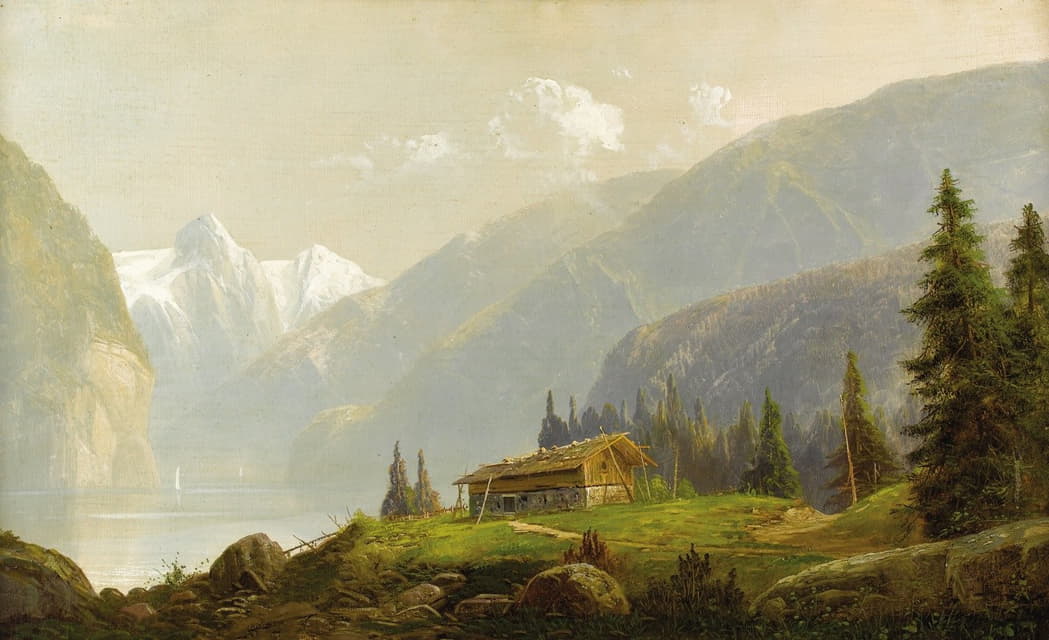 Hermann Ottomar Herzog - Alpine Landscape Mountain Hut