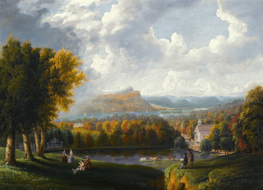 Robert Havell Jr. - View of the Hudson River from Tarrytown, Old Dutch Church, Beekman Manor House