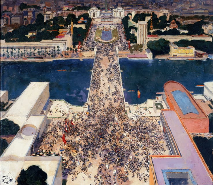 André Victor Édouard Devambez - La colline de Chaillot pendant l’exposition Internationale de 1937, vue de la Tour Eiffel.