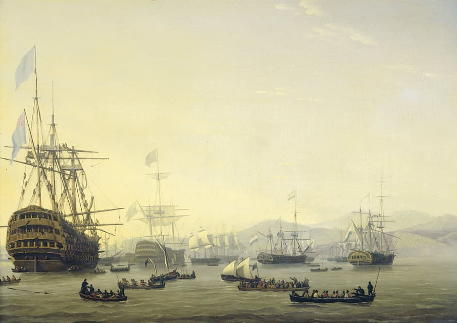 1816年8月26日轰炸阿尔及尔之前，埃克斯茅斯勋爵指挥的“夏洛特女王”号上的战争委员会