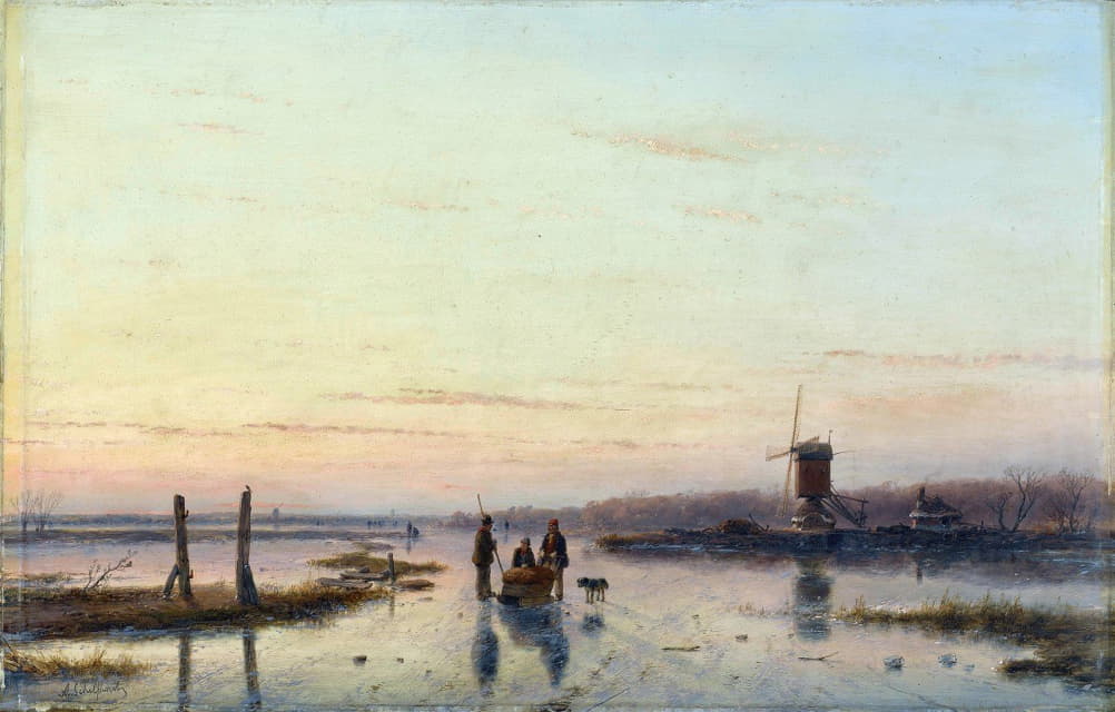 Andreas Schelfhout - Windmill beside a frozen river