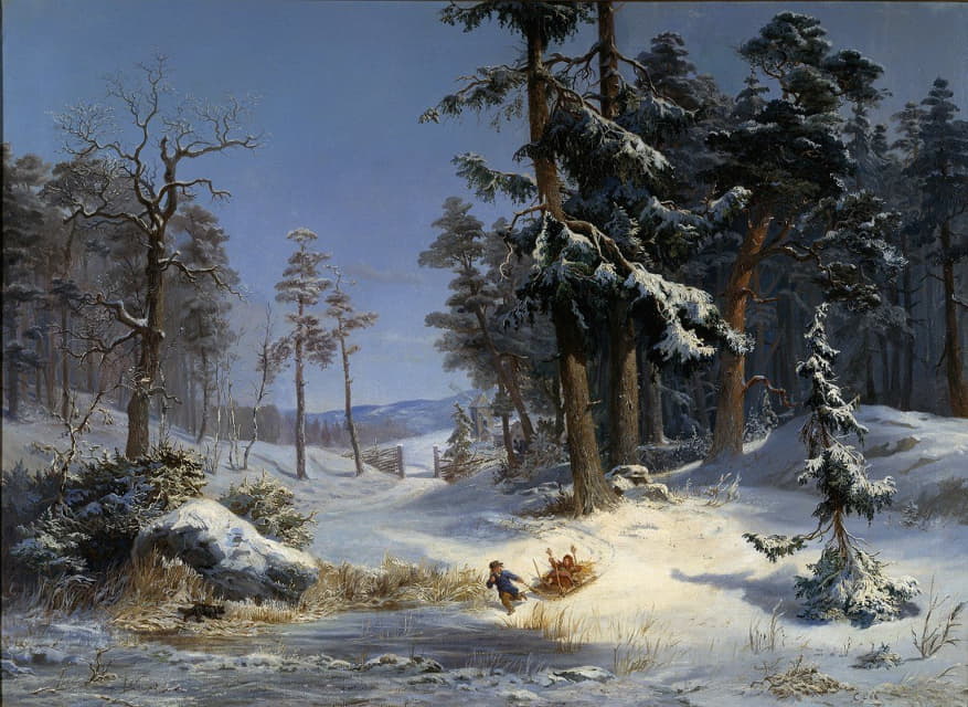 斯德哥尔摩Djurgården的克里斯蒂娜女王路的冬季景观