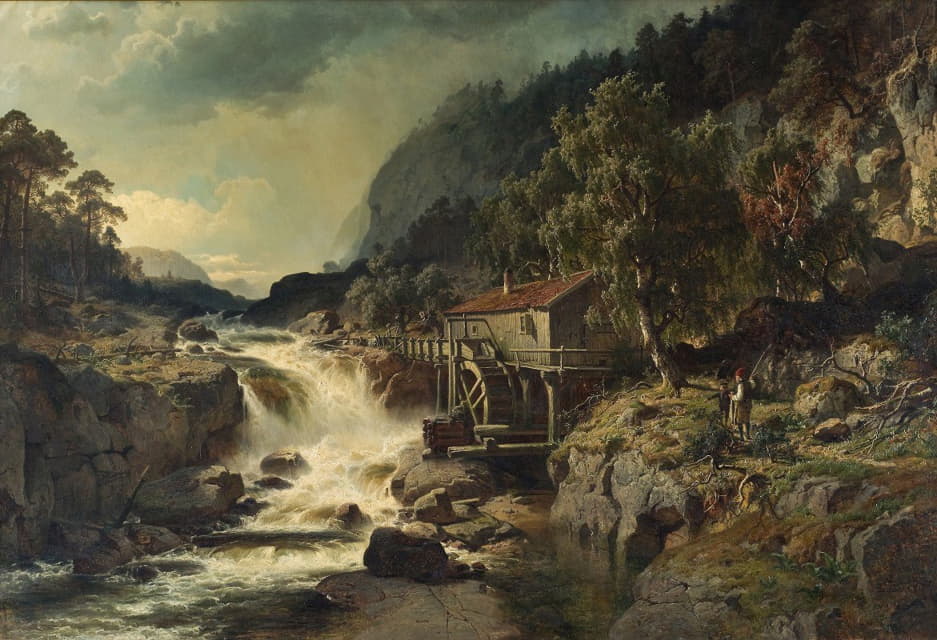Edvard Bergh - Rocky Landscape with Waterfall and Watermill, Småland