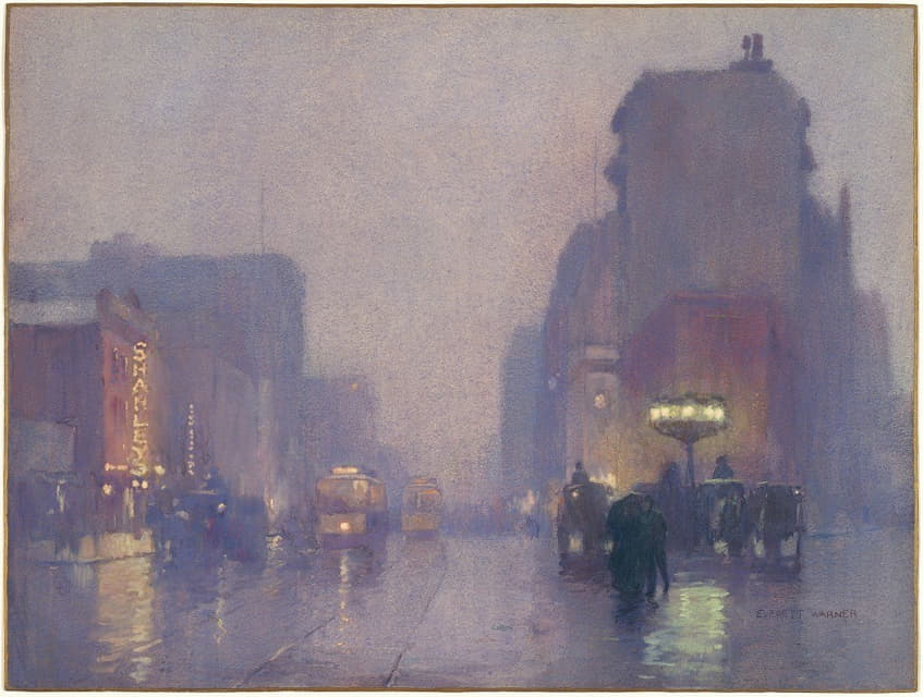 Everett L. Warner - Broadway on a Rainy Evening