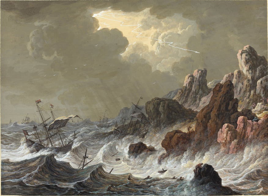 暴风雨使船只在多岩石的海岸上失事