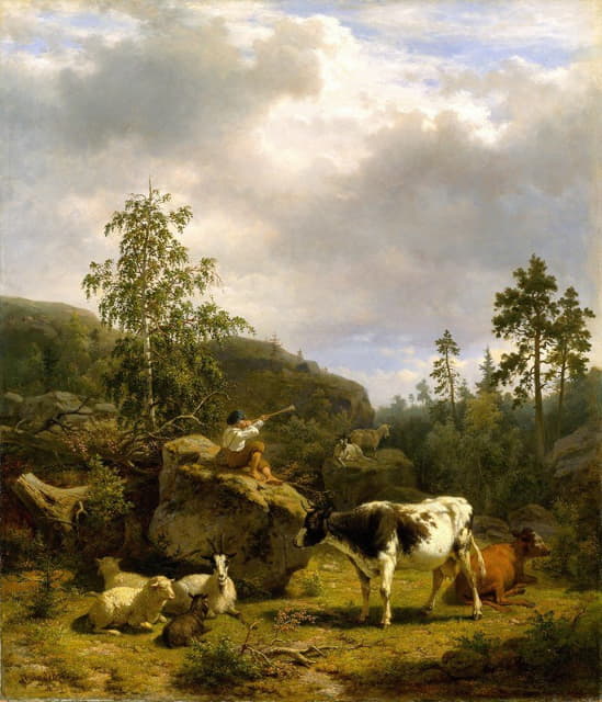 有牧童和牛群的森林景观