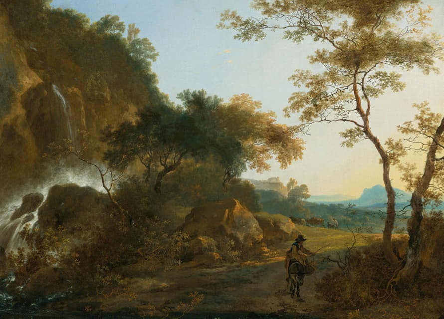 一幅意大利风景画，一个旅行者在瀑布边的小路上