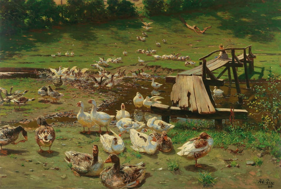 Adolf Lins - A Summer Day, Geese By A Pond