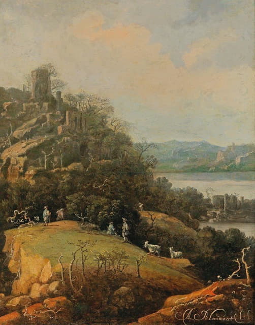 Adriaen Bloemaert - A River Landscape With A Ruin And Figures