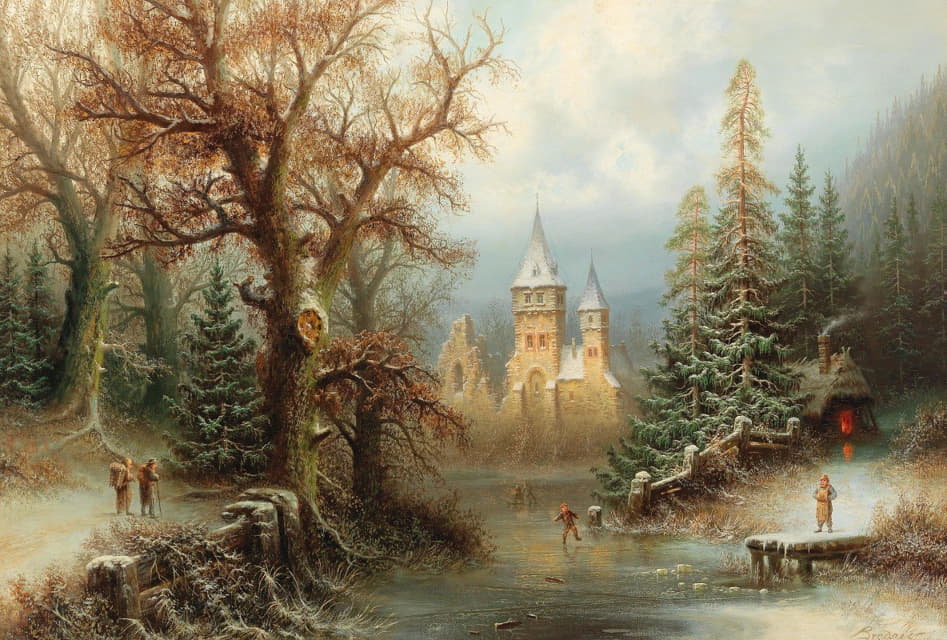 浪漫的冬季景观，城堡旁有溜冰者