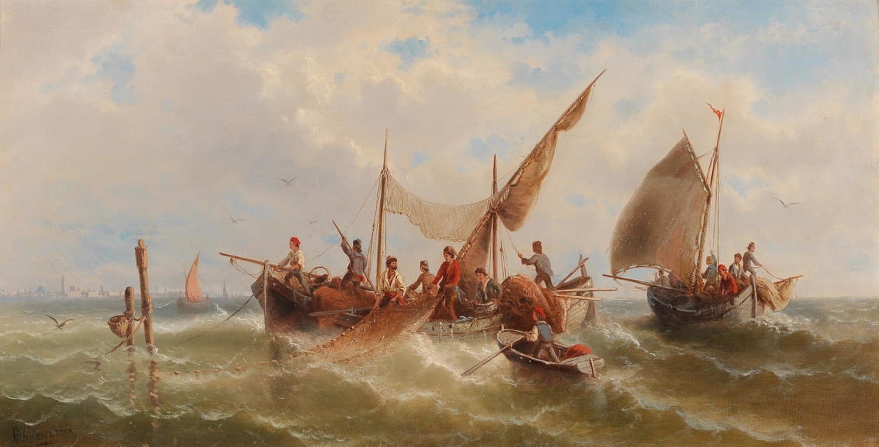 Albert Rieger - Fishing Boats Against A Venetian Silhouette