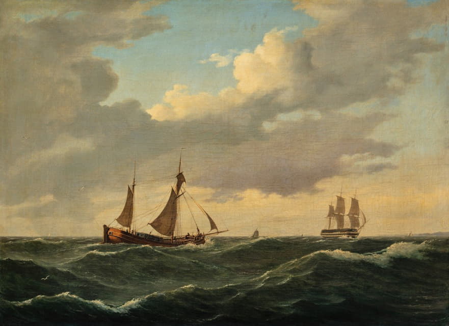 Anton Melbye - Dutch Koff And Ship Of The Line In A Moderate Breeze