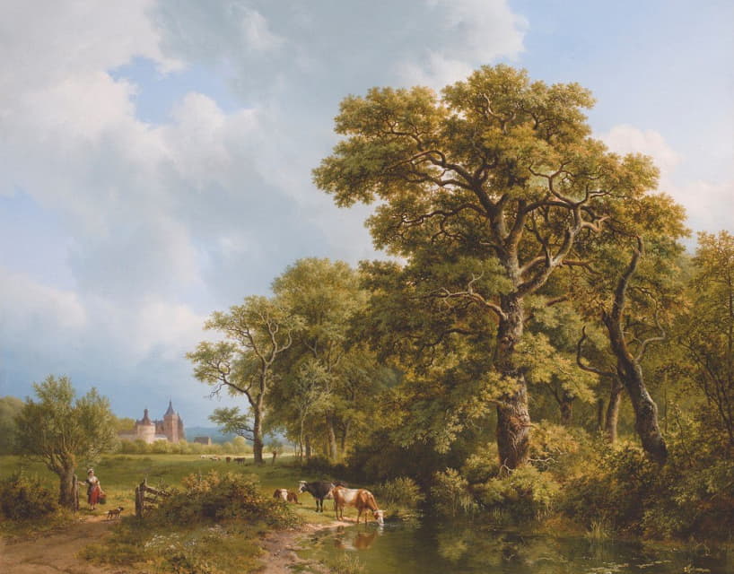 Barend Cornelis Koekkoek - A Summer Landscape With cows Watering, A Castle In The Distance