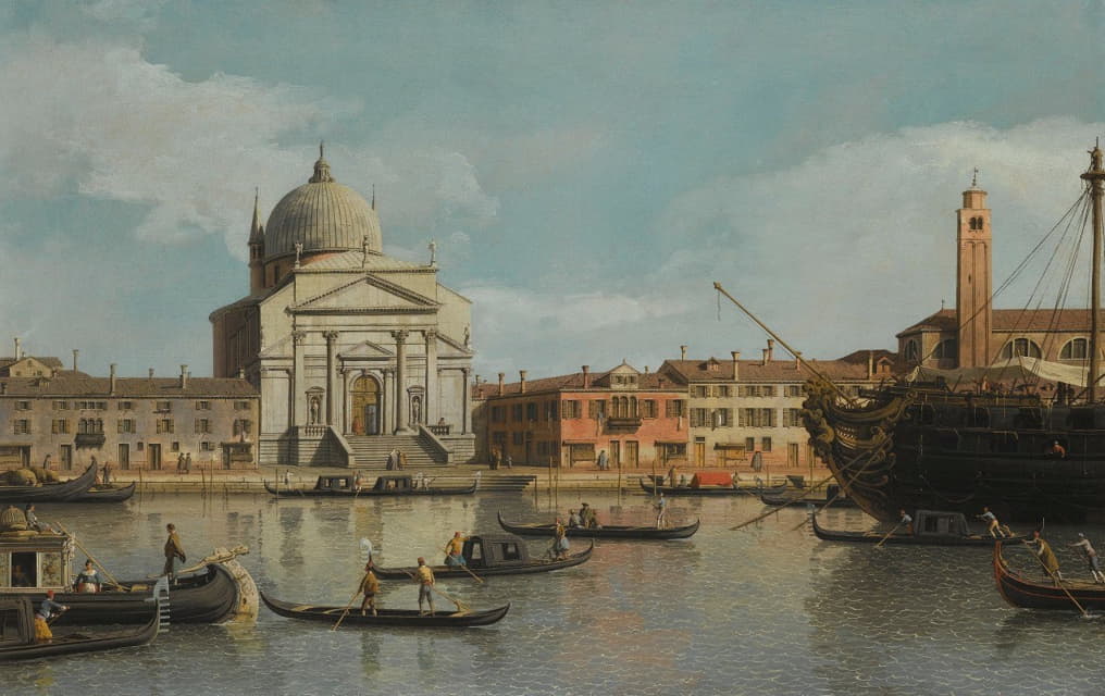 威尼斯，雷登托尔和圣贾科莫教堂的全景，一个停泊着的战士，平底船和驳船