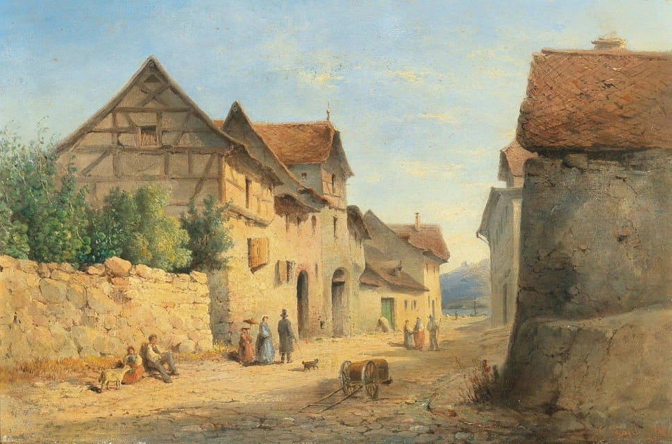 Carl Lafite - Village Road With Many Decorative Figures