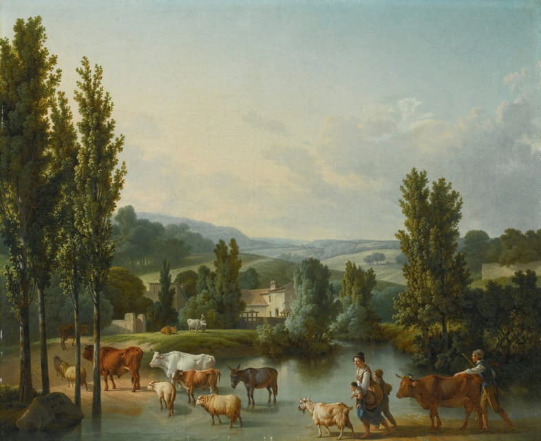 一个牧羊人和他的家人带着他们的牲畜在一片广阔的土地上涉水