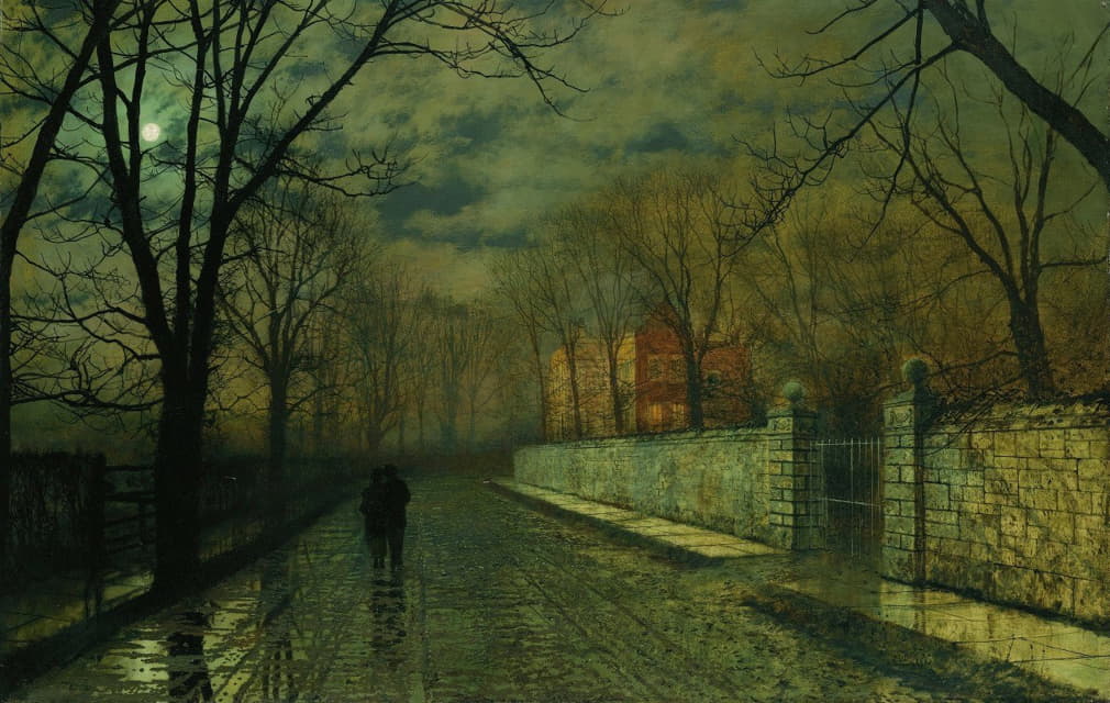 John Atkinson Grimshaw - Figures In A Moonlit Lane After Rain