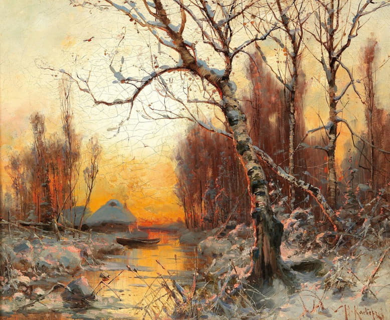 黄昏中白桦的冬季景观