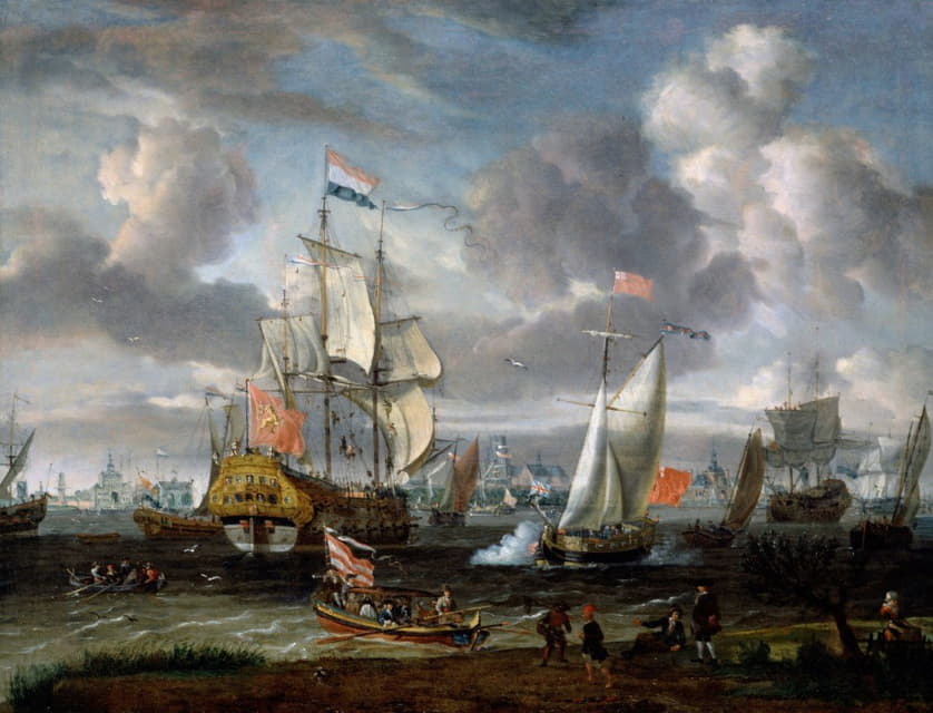 一艘英国游艇在鹿特丹港向一位荷兰军人致敬