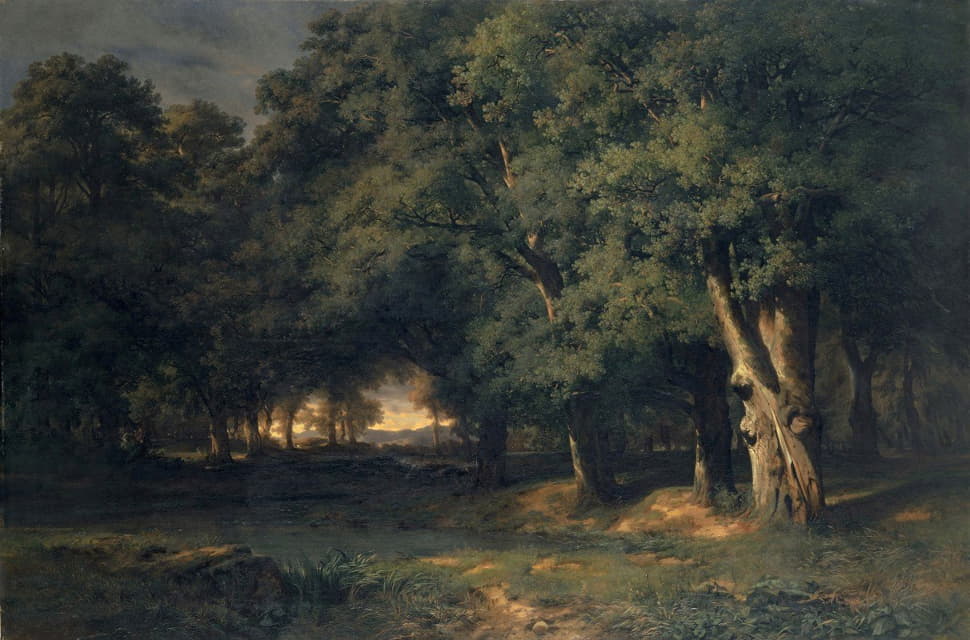Alexandre Calame - Forest Landscape with Stag Hunt