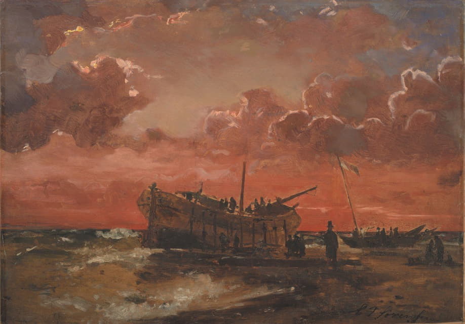Carl Frederik Sørensen - A Wreck on the West Coast of Jutland at Sunset