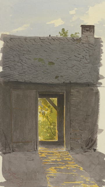 Carl Theodor Reiffenstein - Blick durch die geöffneten Türen einer Scheune im Abendlicht