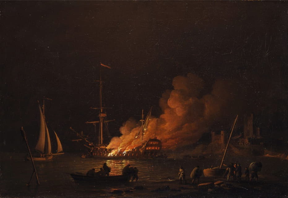 Charles Brooking - Ship on fire at night