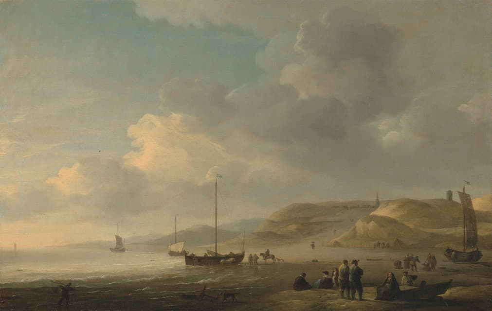 Charles Brooking - The Coast near Scheveningen with Fishing Pinks on the Shore