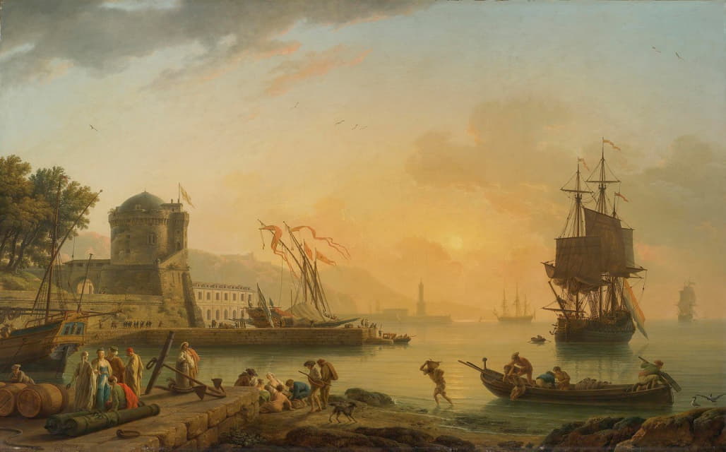 Claude-Joseph Vernet - A Grand View Of The Sea Shore Enriched With Buildings, Shipping And Figures