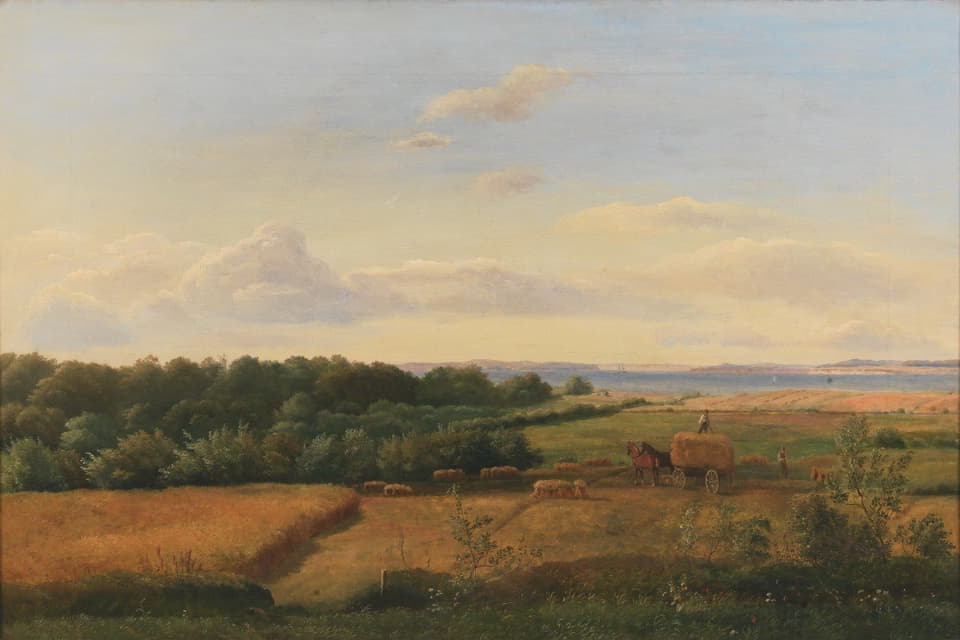 一幅丰收时的富农风景画，背景是韦德尔斯博格霍夫