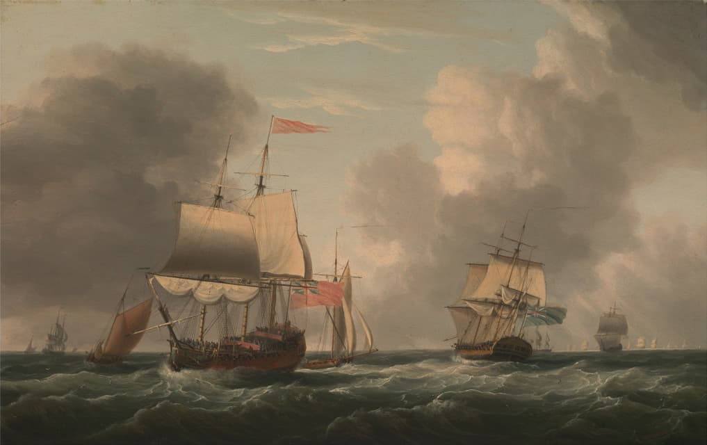 一艘英国双层船，与其他船只和船只一起在微风中停泊