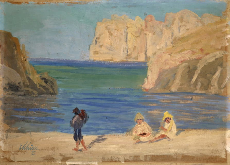 Ernst Schiess - Rocky Bay with Two Seated Figures