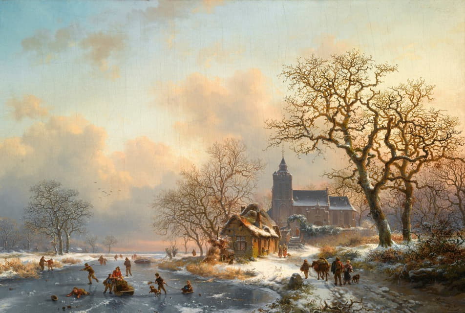 Frederik Marinus Kruseman - A Winter Landscape With Skaters On A Frozen River