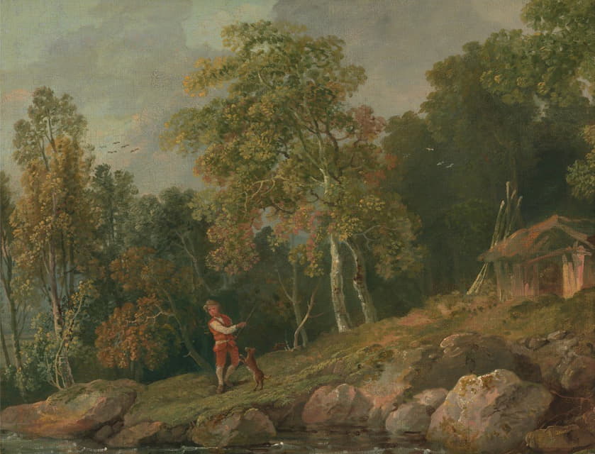 一个男孩和他的狗的森林景观