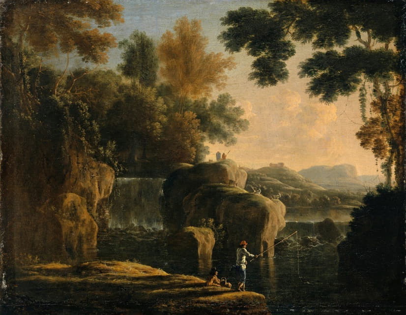 Herman van Swanevelt - Waterfall with Fishermen