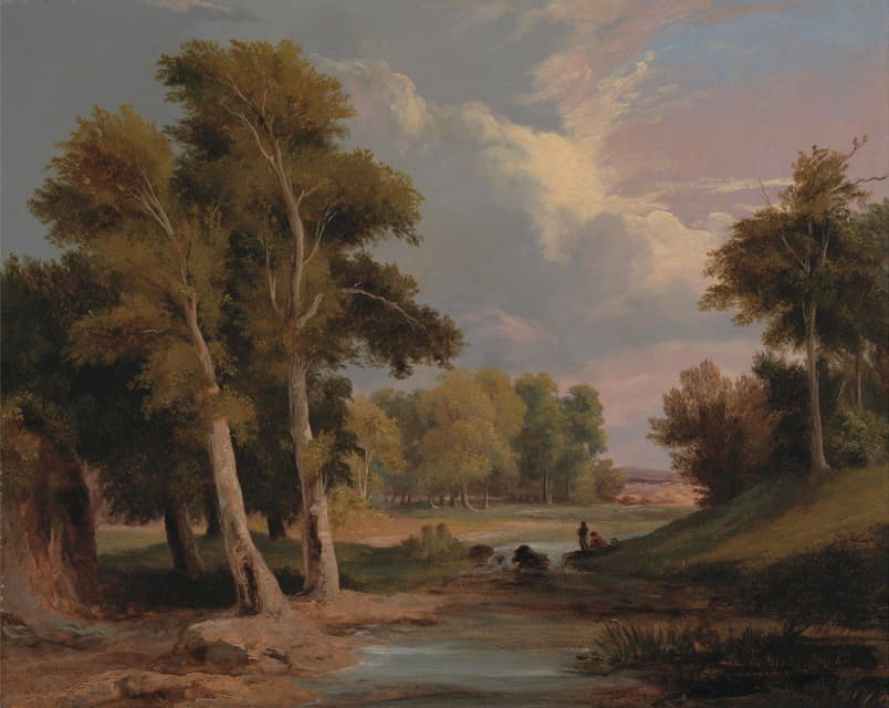 James Arthur O'Connor - A Wooded River Landscape with Fishermen
