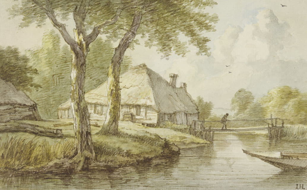 Jan Hulswit - Bei zwei Bäumen ein Haus am Wasser, ein Steg, rechts die Spitze eines Kahnes
