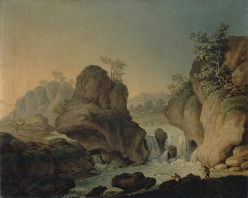 Johann Nepomuk Wocher - Landscape with Waterfall and Fishermen