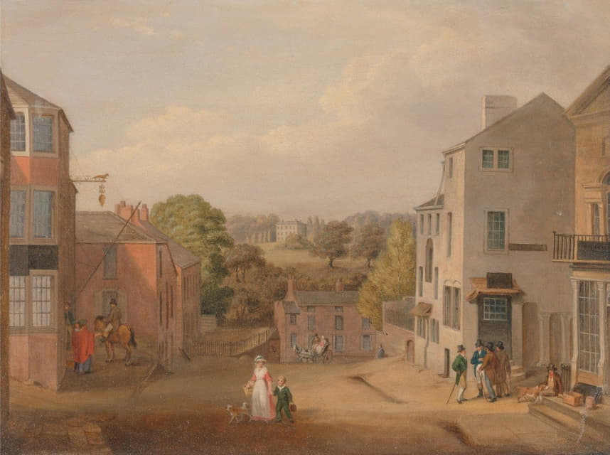 John Bird of Liverpool - Street Scene in Chorley, Lancashire, with a view of Chorley Hall