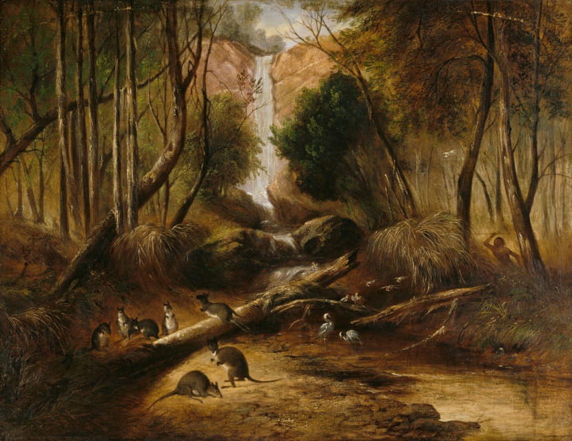 John Skinner Prout - Bush landscape with waterfall and an aborigine stalking native animals, New South Wales