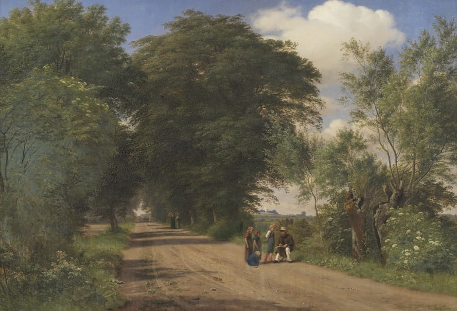 新西兰Vognserup庄园附近的一条乡村道路。画家J.Th. Lundbye在路边写生